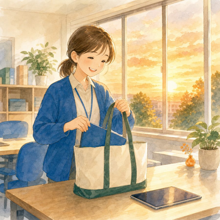 夕方、片付いた机で帰り支度をする職員