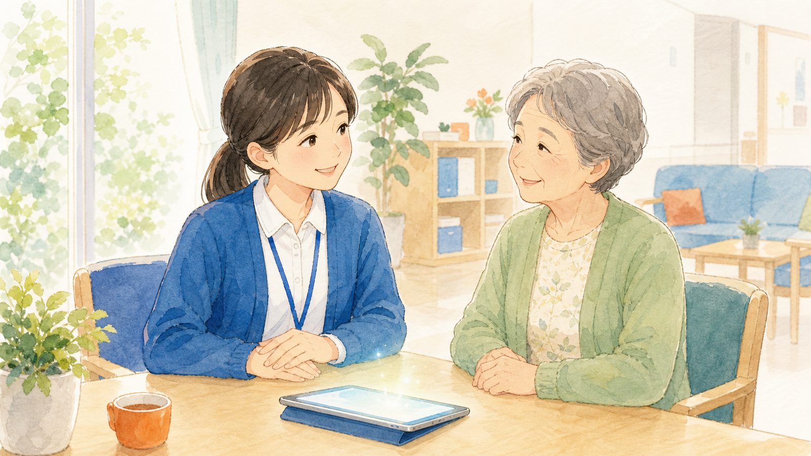 福祉事業所で職員が利用者の隣に座って笑い合う。記録はタブレットが静かに担う