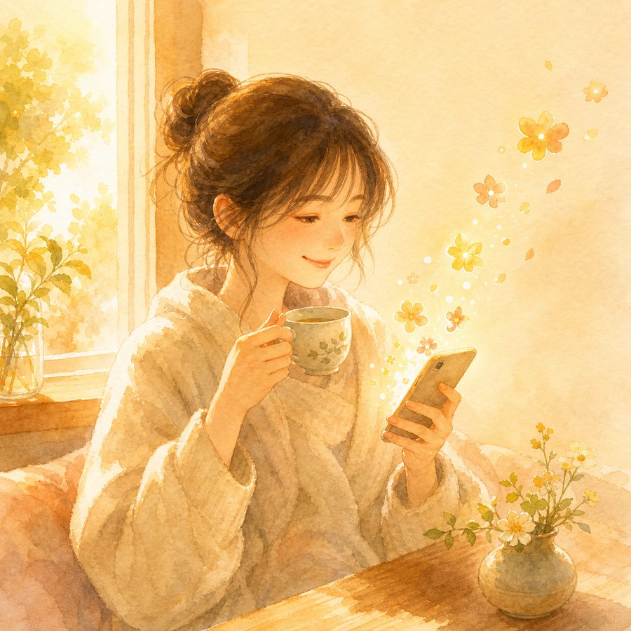 朝の窓辺でスマホを見ながら微笑む人