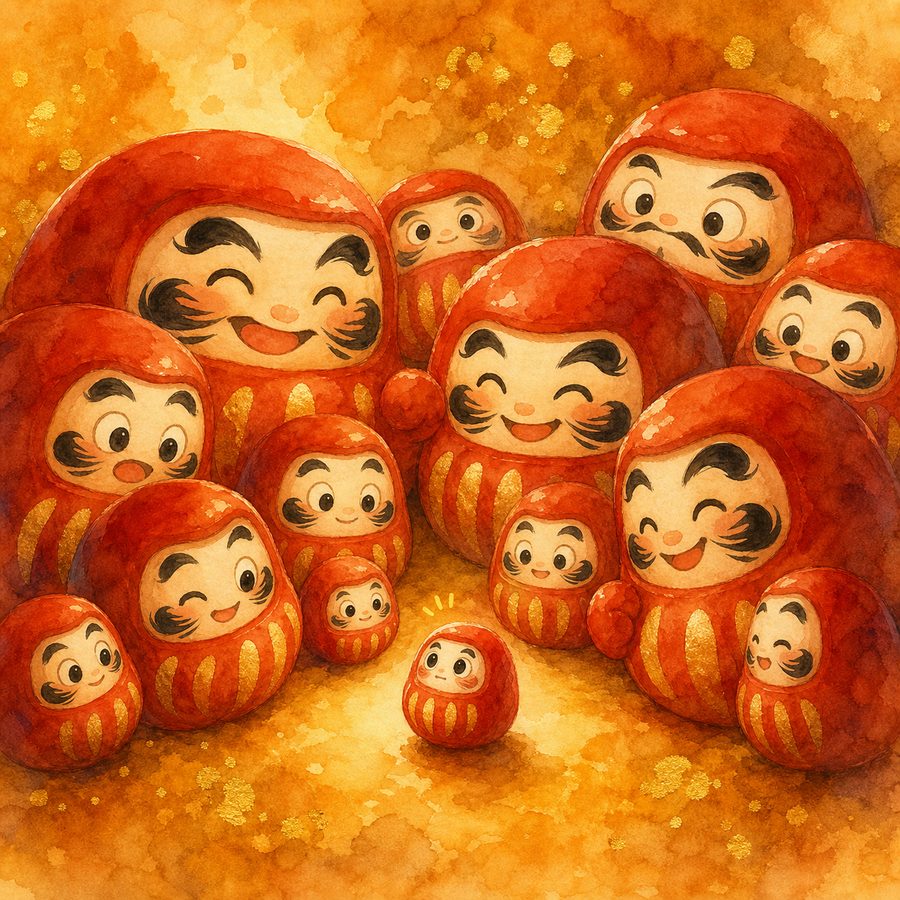 新入りの小さなダルマを、まわりのダルマたちが温かく迎える
